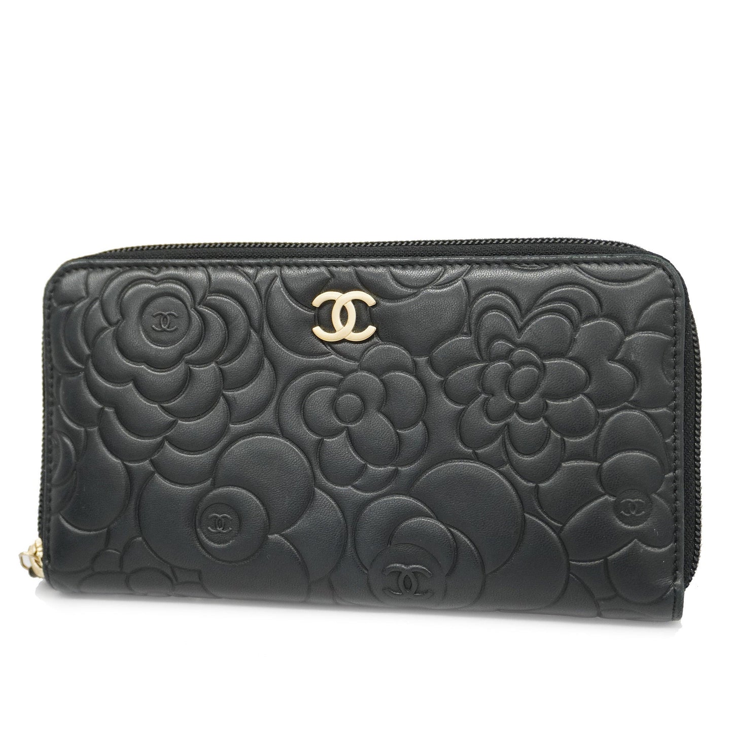 CHANELAuth  Camellia Long Wallet [bi-fold] Gold Hardware Women's Lambskin Black