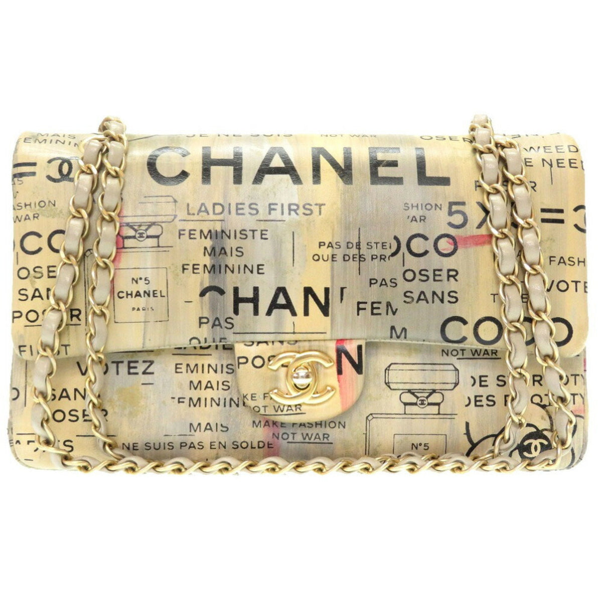Chanel Double Flap 2 Leather Beige Gold Chain Shoulder Bag Coco Mark CC Lid