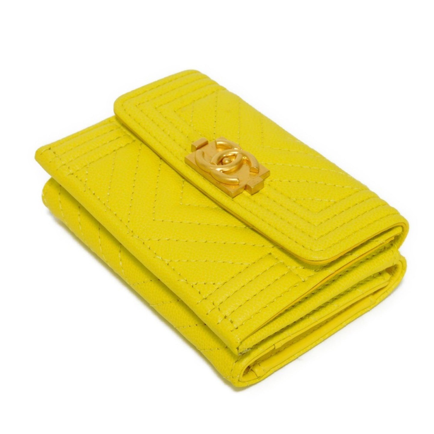 Chanel Trifold Wallet Boy  Small Flap Turnlock Caviar Skin Chevron Yellow A84432 Men's Women's Bill Purse