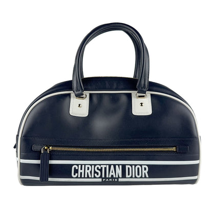 Christian Dior Navy White Leather Handbag Shoulder Bag ()