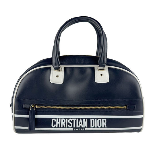 Christian Dior Navy White Leather Handbag Shoulder Bag ()
