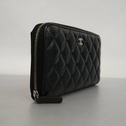 ChanelAuth  Matelasse Silver Metal Fittings Women's Caviar Leather Long Wallet