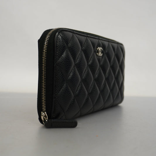 ChanelAuth  Matelasse Silver Metal Fittings Women's Caviar Leather Long Wallet