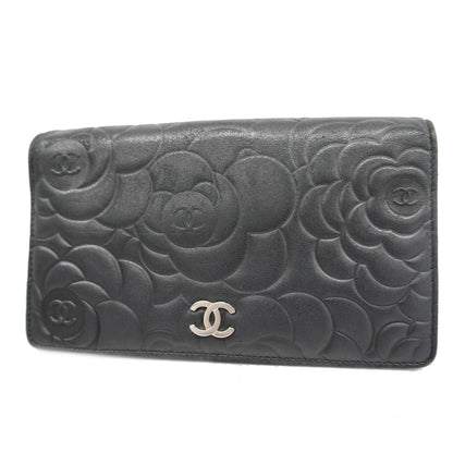 ChanelAuth  Camellia Bi-fold Long Wallet With Silver Metal Women's Lambskin