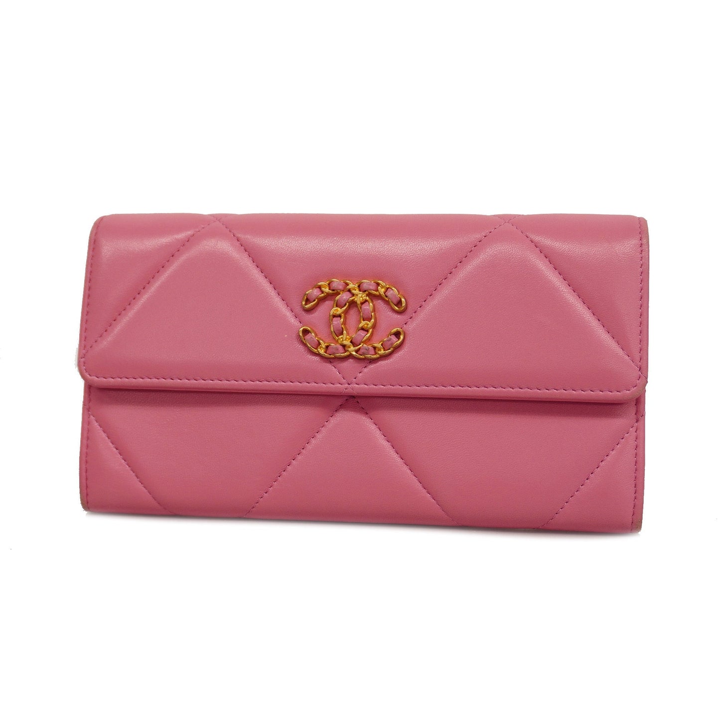ChanelAuth  19 Gold Hardware Women's Lambskin Long Wallet [bi-fold] Pink
