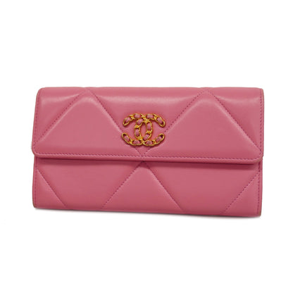 ChanelAuth  19 Gold Hardware Women's Lambskin Long Wallet [bi-fold] Pink