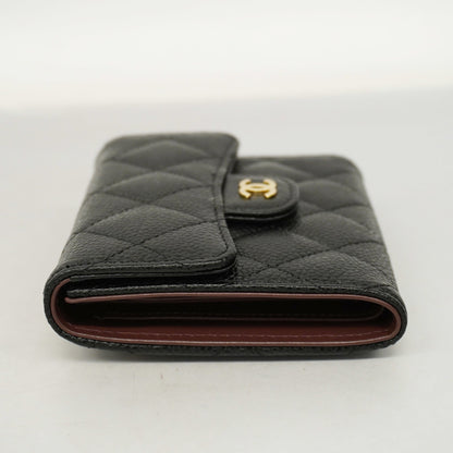 Chanel[3ca0380] Auth  tri-fold wallet Matelasse caviar skin black gold metal