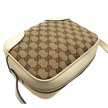 Gucci Beige White Leather Gg Canvas Shoulder Bag