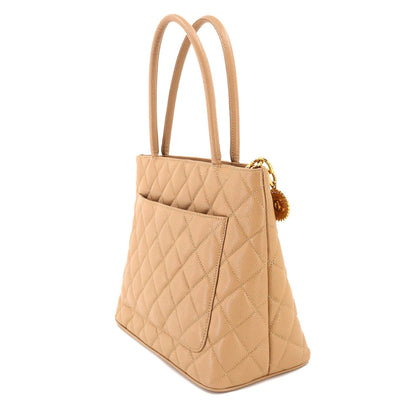 CHANEL Reproduction Tote Bag Caviar Skin Beige A01804 Gold Hardware Vintage Medallion