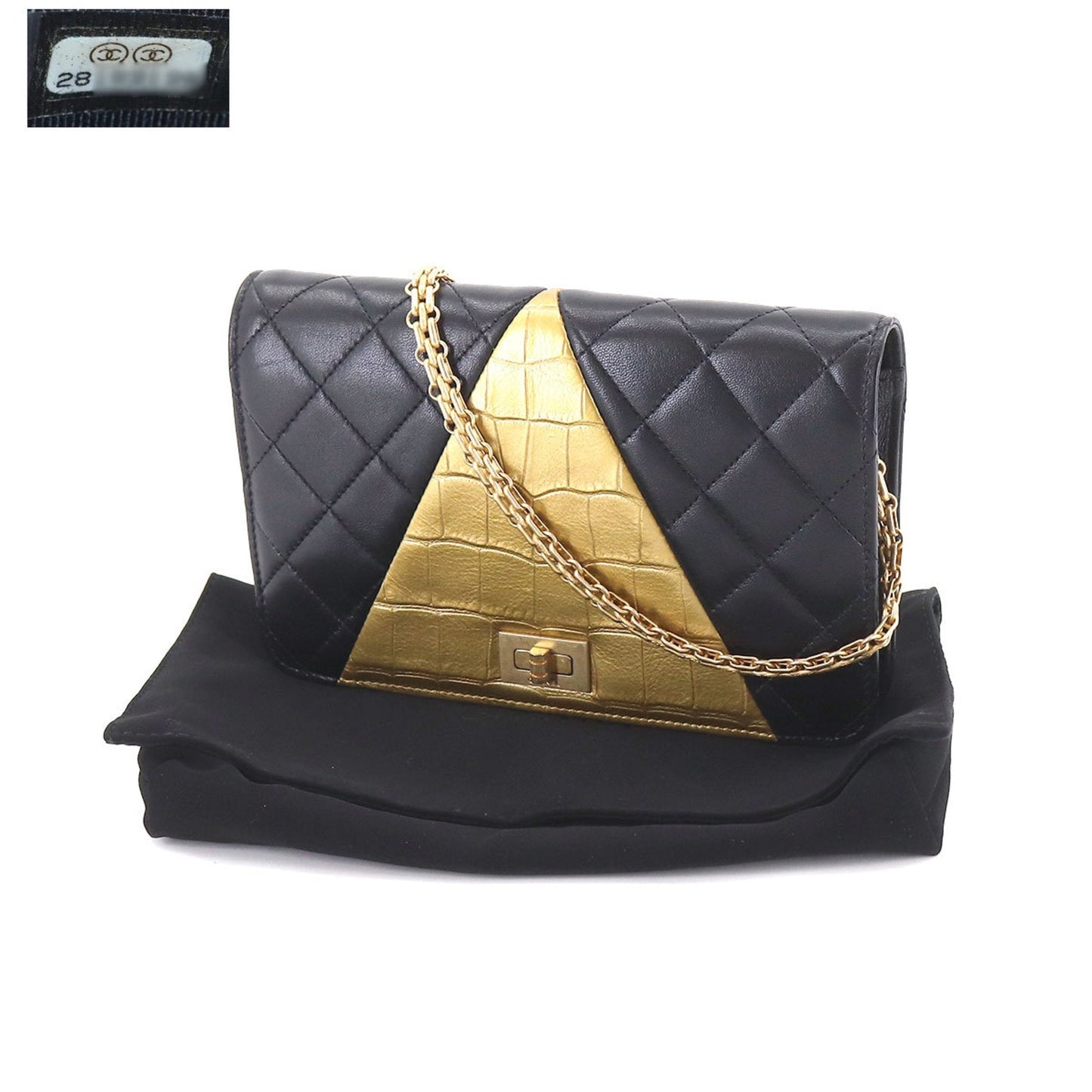 CHANEL 2.55 Chain Wallet Long Leather Black Gold Embossed Matelasse