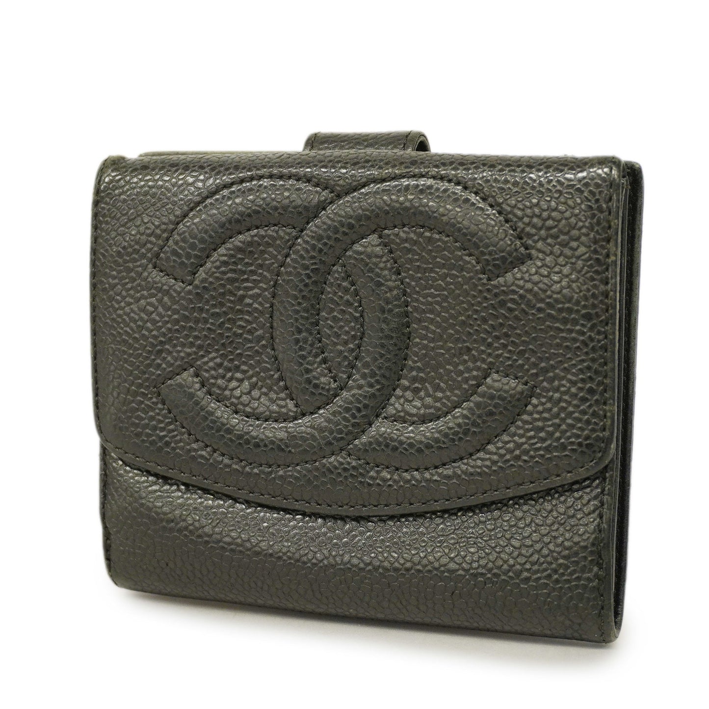 ChanelAuth  Gold Hardware Women's Caviar Leather Long Wallet [bi-fold] Black