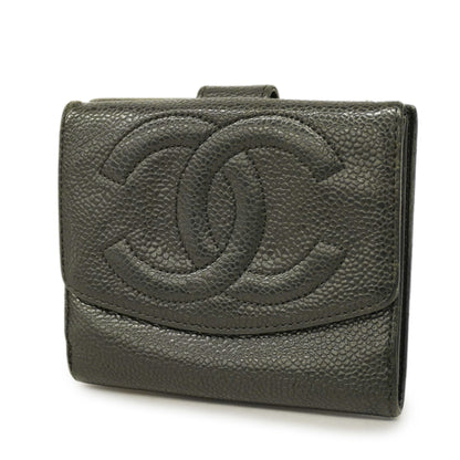 ChanelAuth  Gold Hardware Women's Caviar Leather Long Wallet [bi-fold] Black