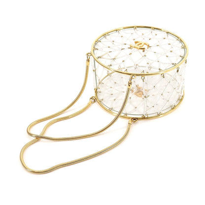 Chanel beads hand bag clear white gold metal fittings here mark