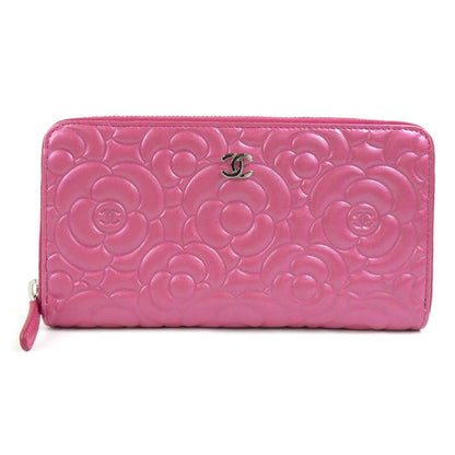 CHANEL Round Zipper Long Wallet Leather Pink Women's