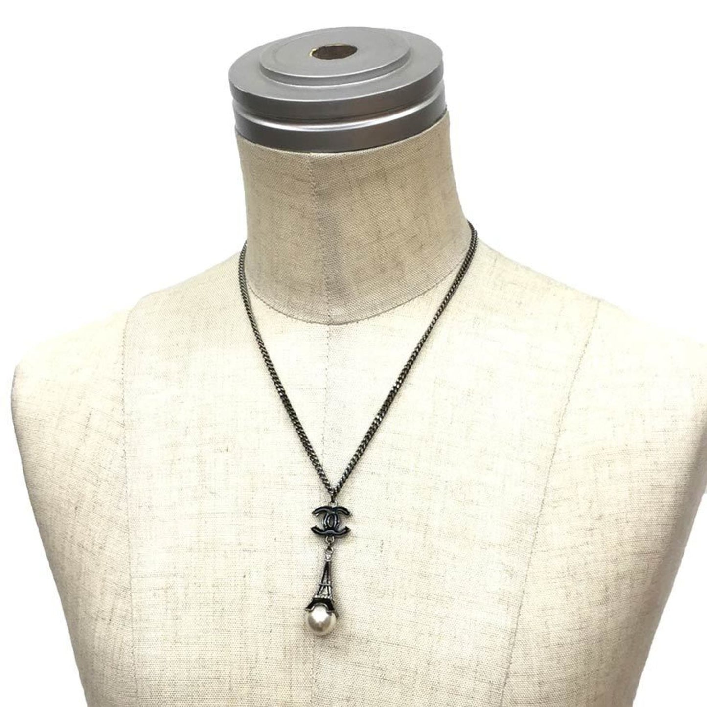 Chanel Pendant Necklace Coco Mark Artificial pearl Eiffel Tower 06C Black Silver Color Ladies