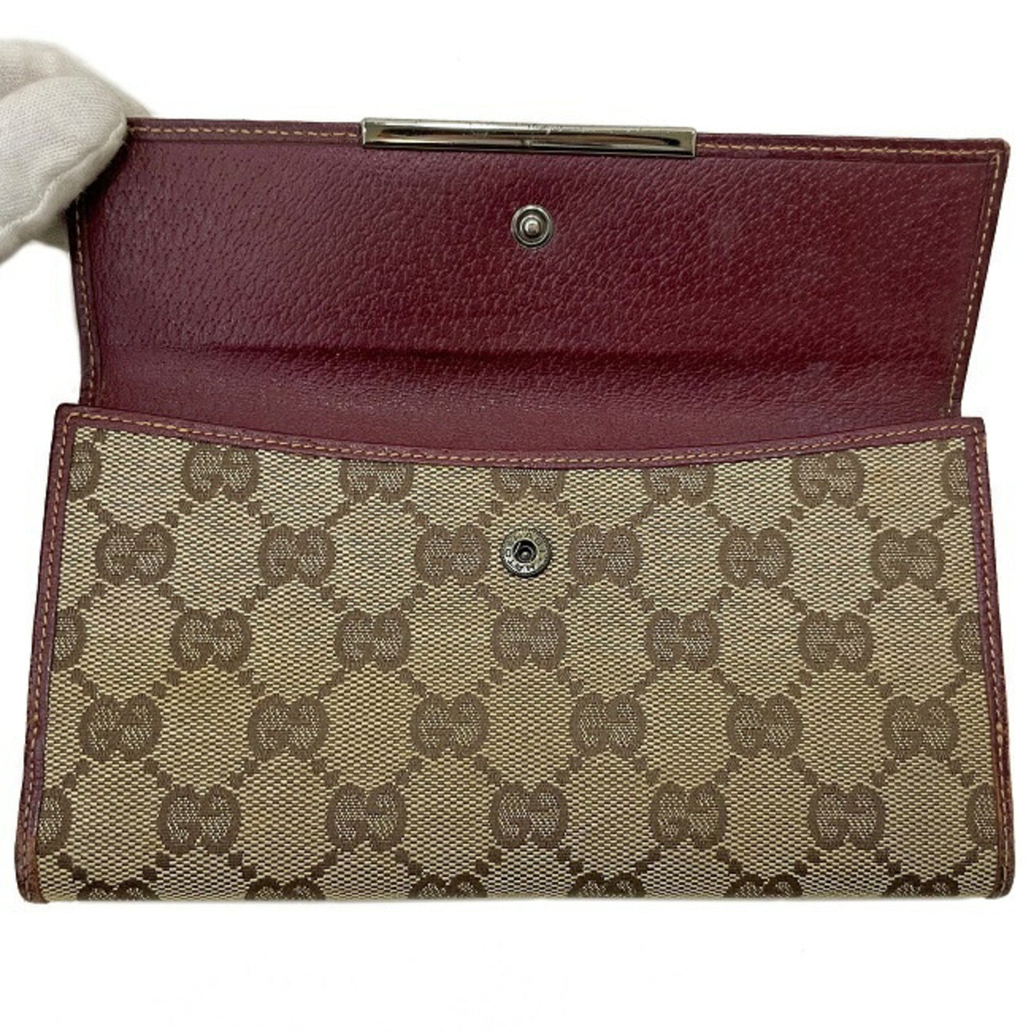 Gucci Bi-Fold Wallet Beige Wine Red 112715 GG Canvas Leather GUCCI W Ladies Long Plate