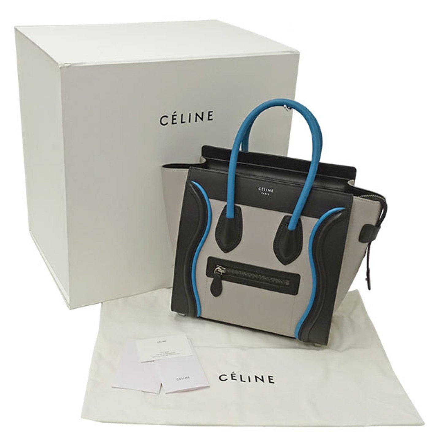 Celine Bag Ladies Handbag Luggage Micro Shopper Leather Gray Black Multi Blue