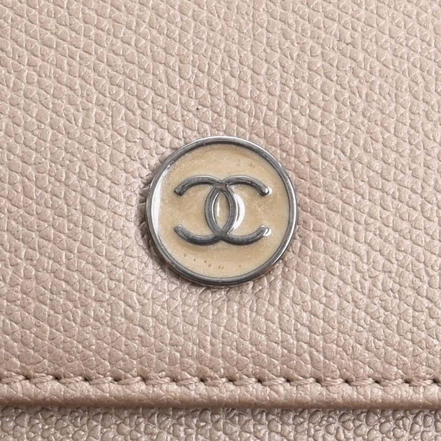 CHANEL Leather Coco Button Trifold Wallet Beige Ladies