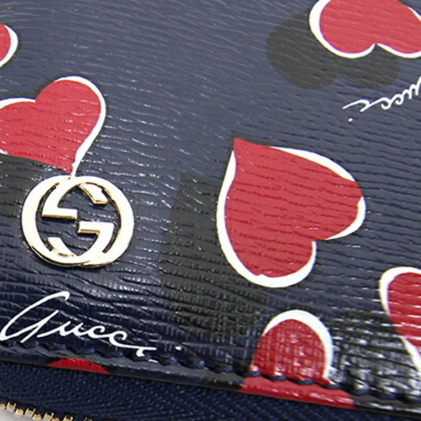 GUCCI Round Long Wallet 309705 Navy Red Leather Heart Ladies