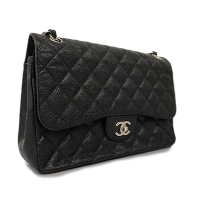 ChanelAuth  Matelasse W Flap W Chain Women's Caviar Leather Shoulder Bag Black