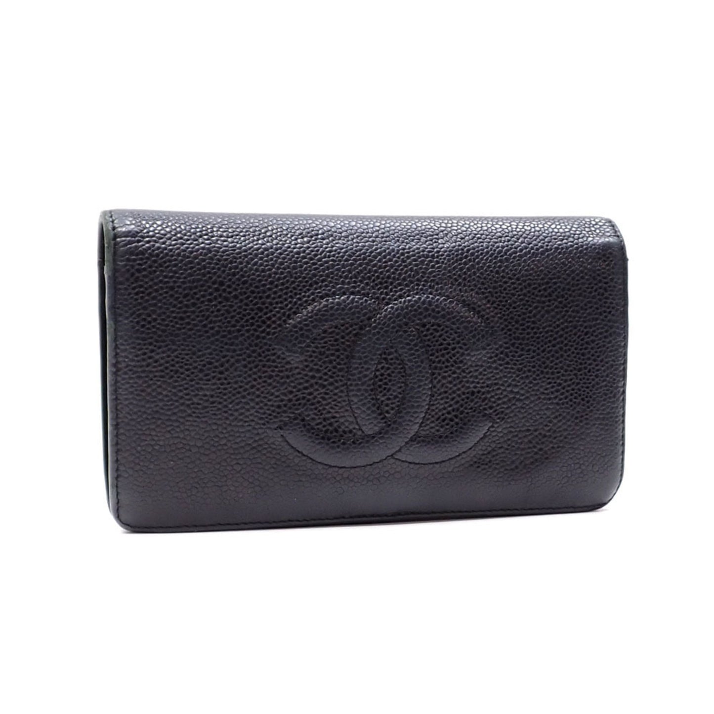 Chanel Bifold Long Wallet Women's Black Caviar Skin Coco Mark