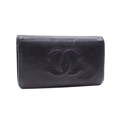 Chanel Bifold Long Wallet Women's Black Caviar Skin Coco Mark