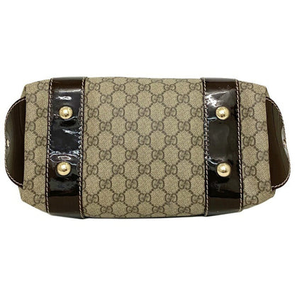 Gucci Tote Bag Beige Brown GG Supreme 203521 PVC Patent Leather GUCCI Handbag Plus Charm Enamel Ribbon Ladies