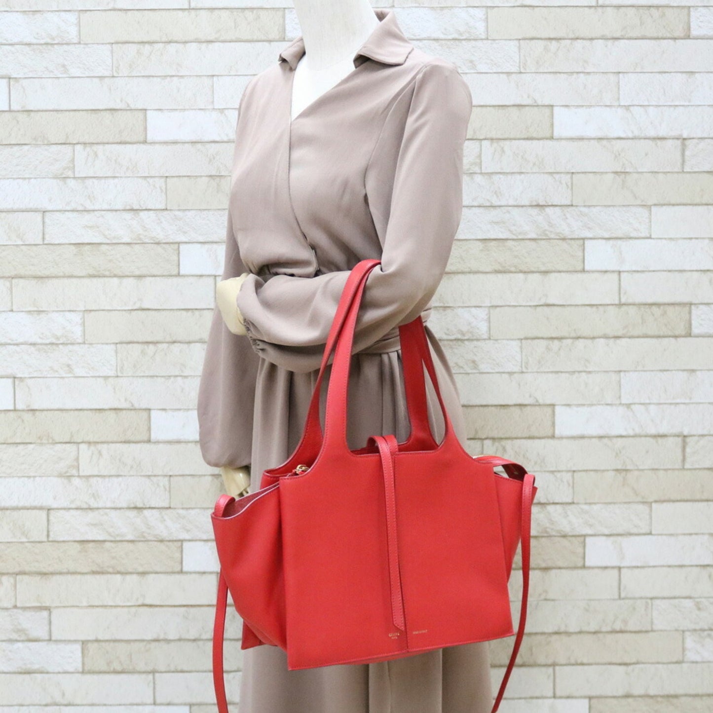 Celine Shoulder Bag Triford Red Women's Leather