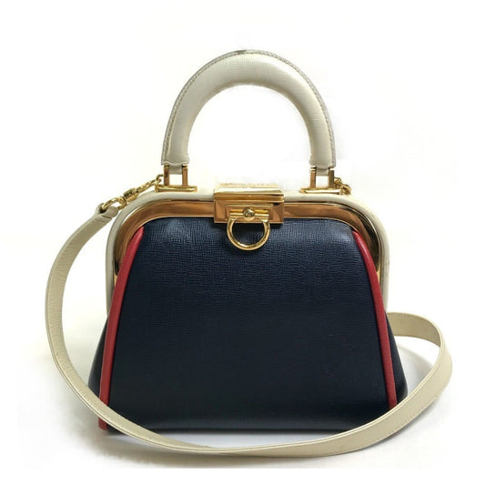 Christian Dior Navy Red Color White Leather Handbag Shoulder Bag ()