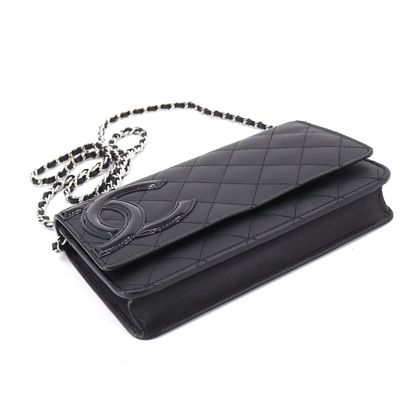 CHANEL Cambon Line Chain Wallet Bifold Long Leather Enamel Black A46646