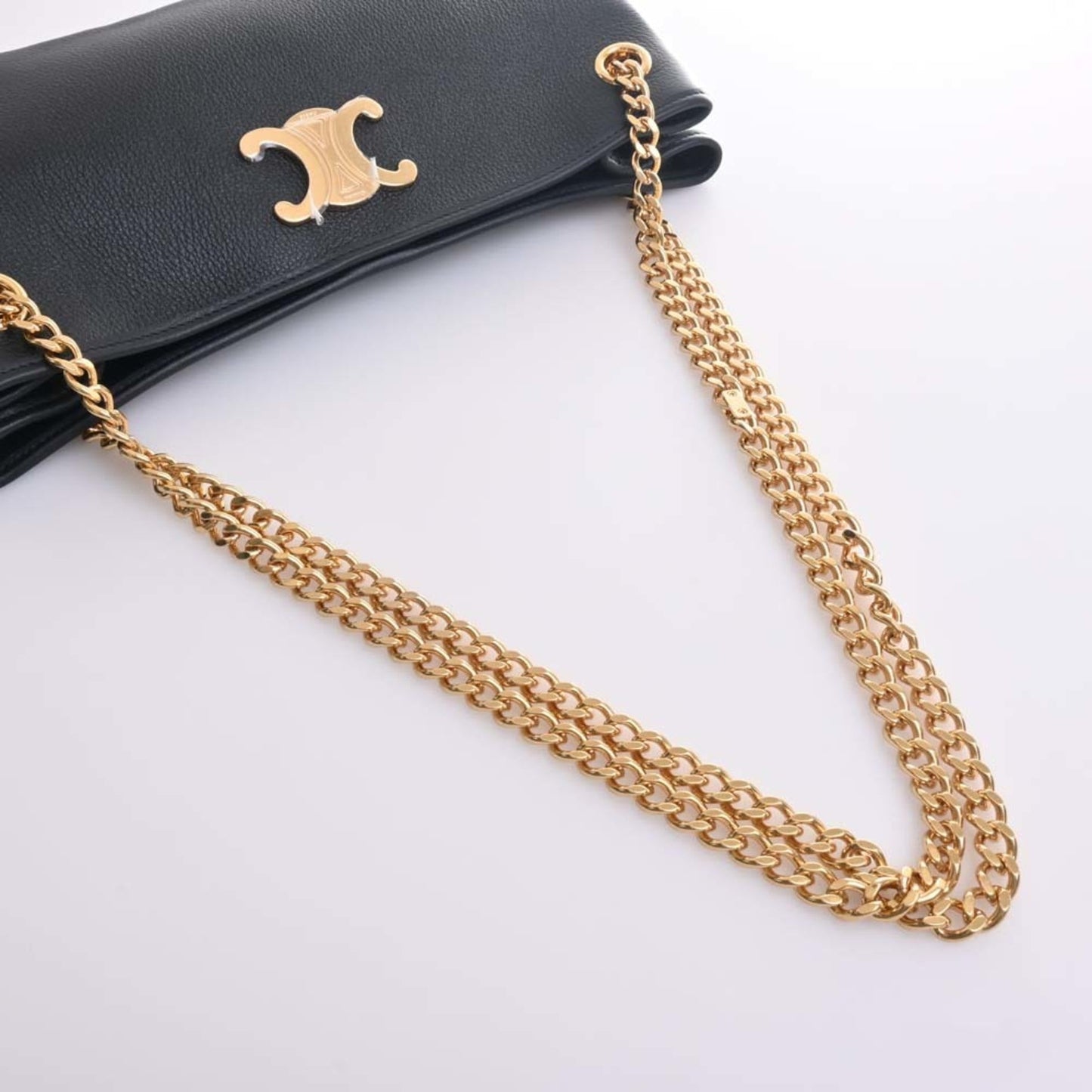 Celine Leather Medium Newspaper Triomphe Chain Shoulder Bag Black Women's