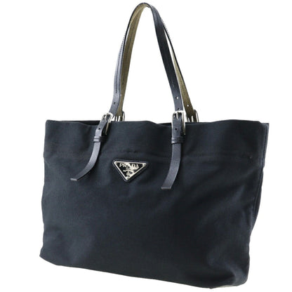 Prada logo plate tote Bag canvas made in Italy black shoulder handBag A4 open with ladies