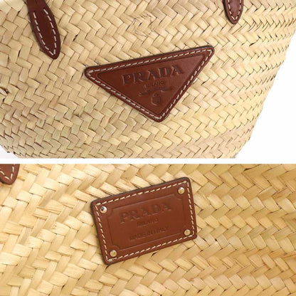 Prada tote Bag wicker leather natural cognac 1BG314 silver metal fittings woven palm Tote Bag