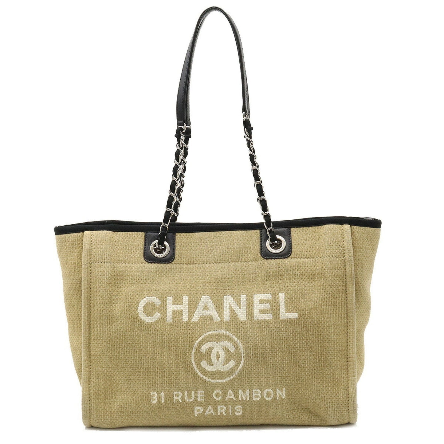 Chanel Deauville Line Medium Tote MM Bag Shoulder Chain Beige Black A67001