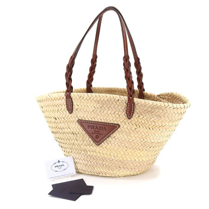 Prada tote Bag wicker leather natural cognac 1BG314 silver metal fittings woven palm Tote Bag