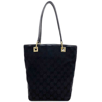 Gucci Black Gold Canvas Leather Handbag Tote Bag