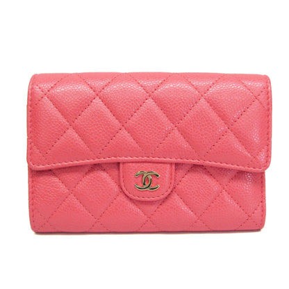 Chanel Matelasse Women's Caviar Leather Middle Wallet (tri-fold) Pink