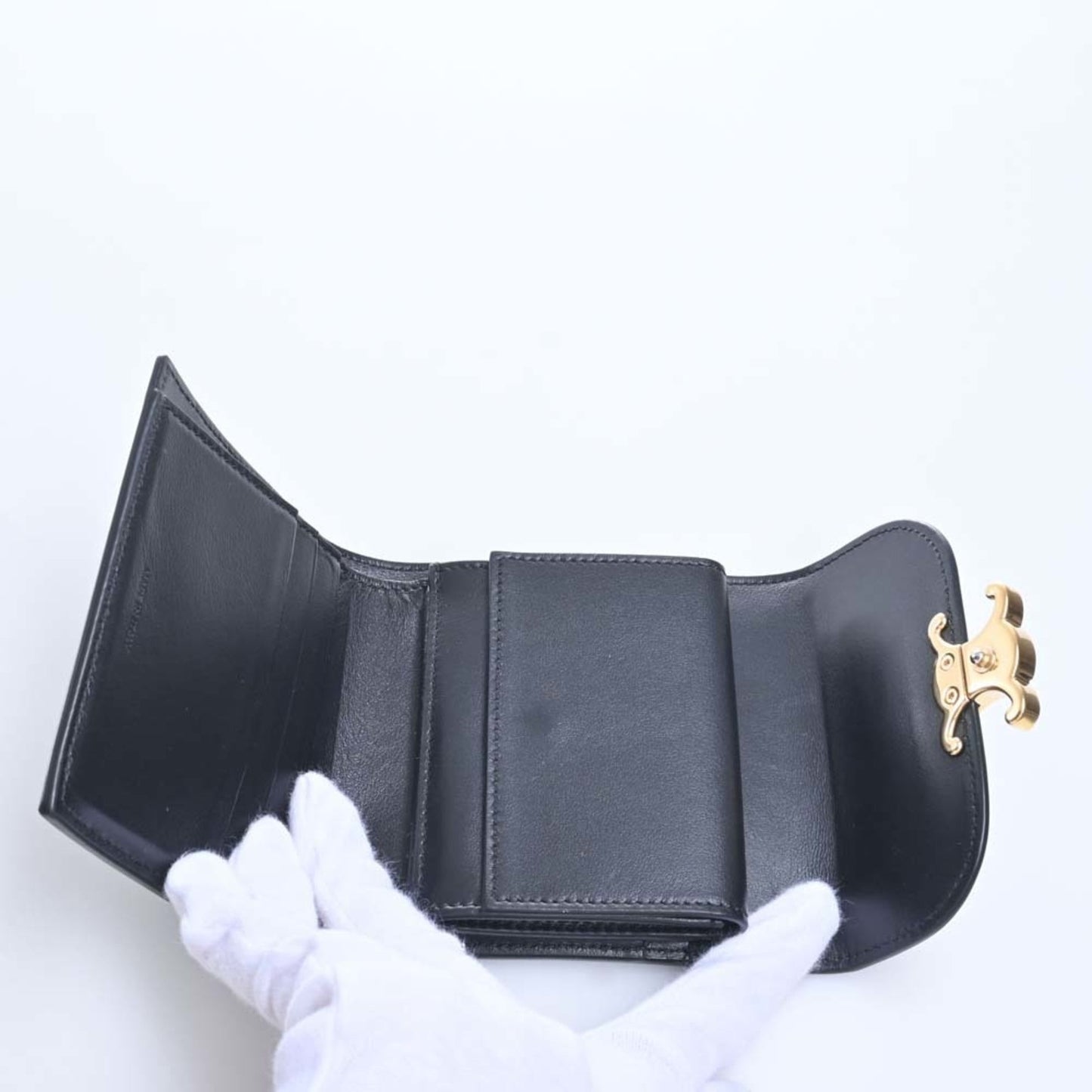Celine Leather Triomphe Trifold Wallet Black Ladies