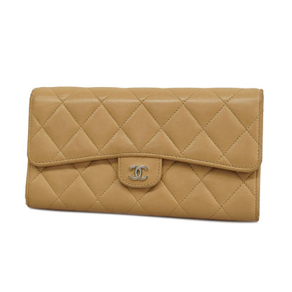 ChanelAuth  Matelasse Silver Metal Fittings Women's Lambskin Wallet Beige