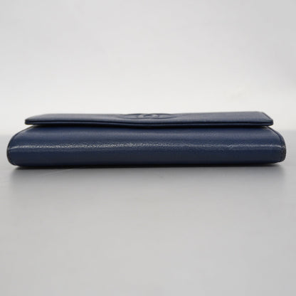 ChanelAuth  Bi-fold Long Wallet Gold Hardware Navy