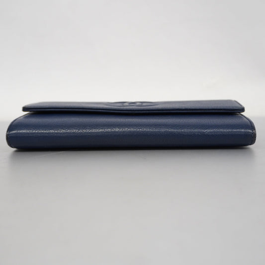 ChanelAuth  Bi-fold Long Wallet Gold Hardware Navy