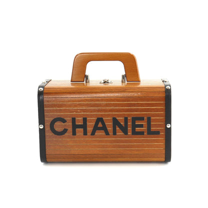 Chanel wood vanity hand bag leather brown black silver metal fittings vintage Wood Vanity