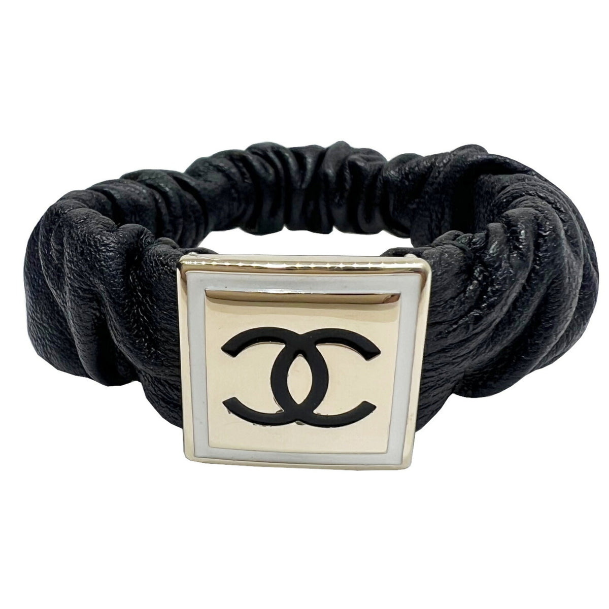 Chanel Scrunchie B21B Coco Mark Hair Tie AB6832 Leather Black Women's