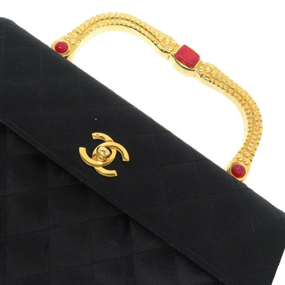 Chanel Gold Handle Stone Silk Satin Black Coco Mark Turn Lock Handbag 0009 CHANEL