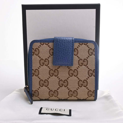 GUCCI GG Canvas Round Zipper Bifold Compact Wallet 346056 Beige/Blue Women's