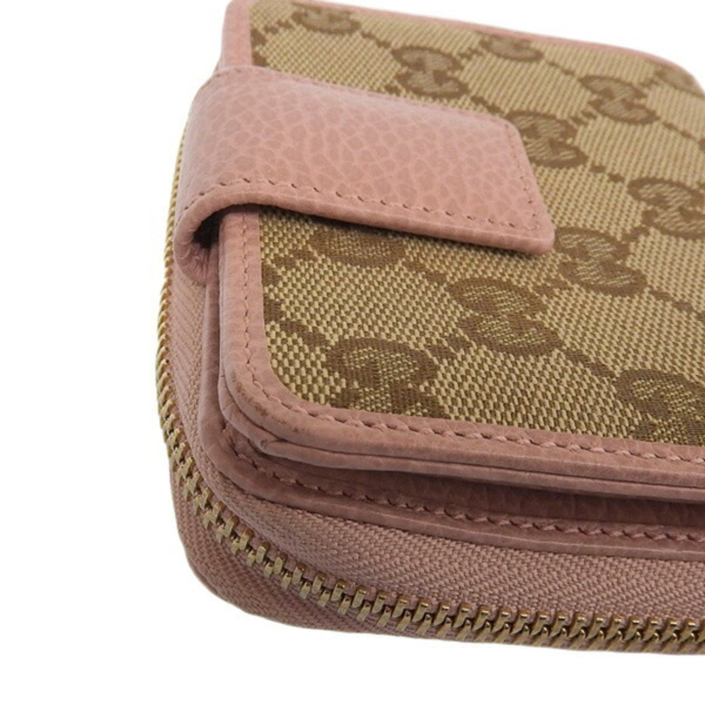 GUCCI GG Canvas Leather Round Bifold Wallet 346056 Beige/Pink Women's