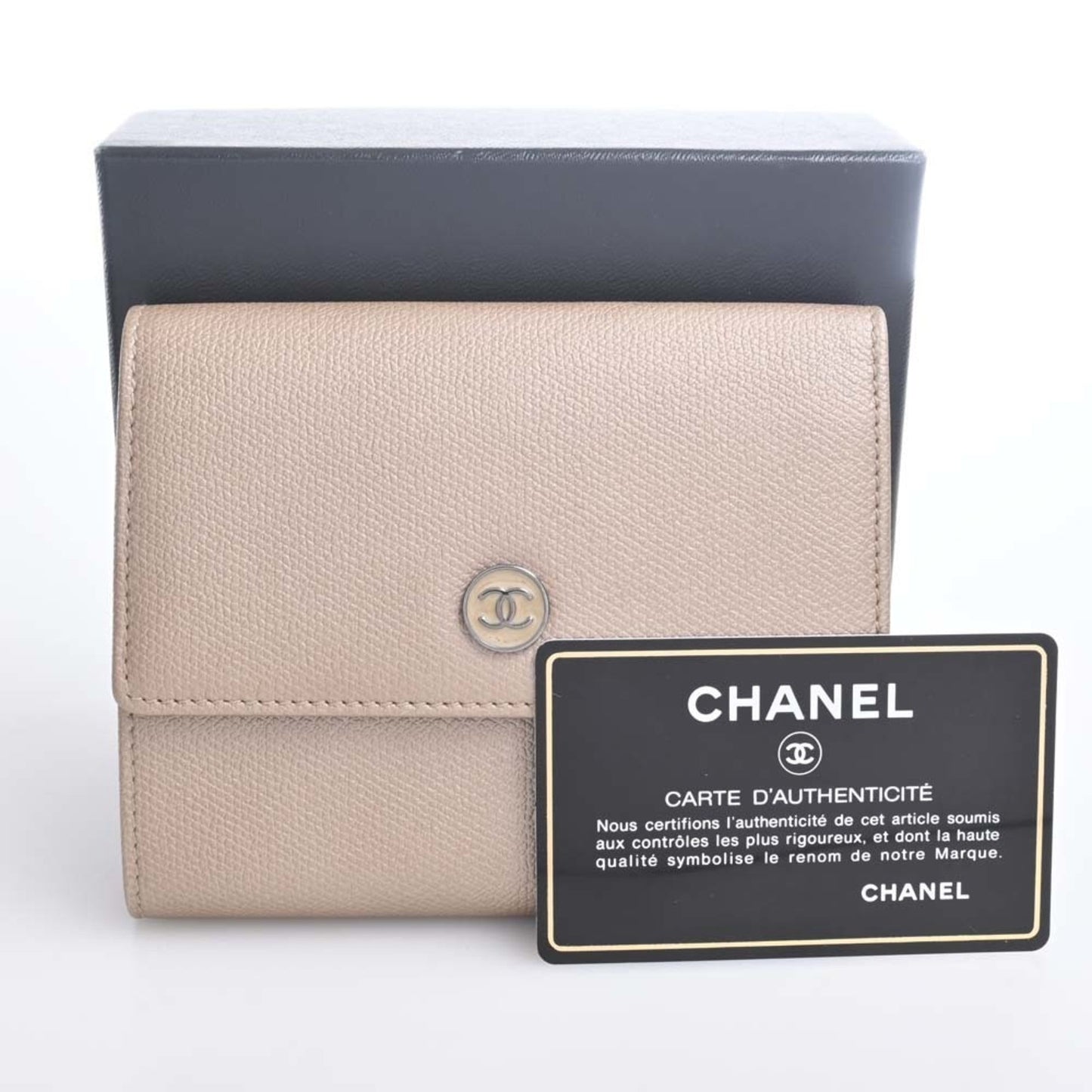 CHANEL Leather Coco Button Trifold Wallet Beige Ladies