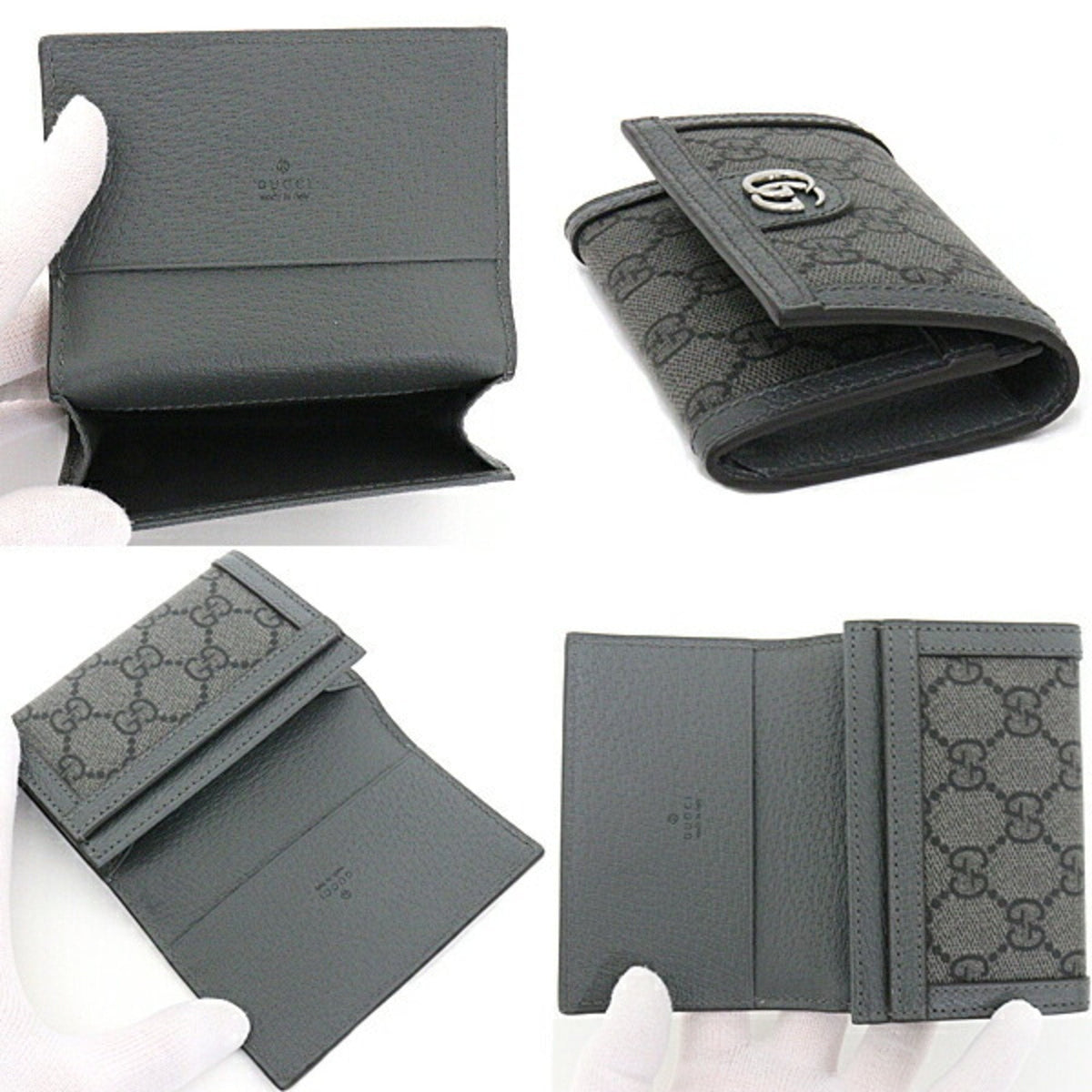 Gucci Ophidia Card Case Holder Business Pass GG Supreme Canvas Leather Palladium Tone Double G Hardware 732025 Gray Black