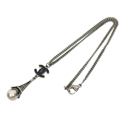 Chanel Pendant Necklace Coco Mark Artificial pearl Eiffel Tower 06C Black Silver Color Ladies