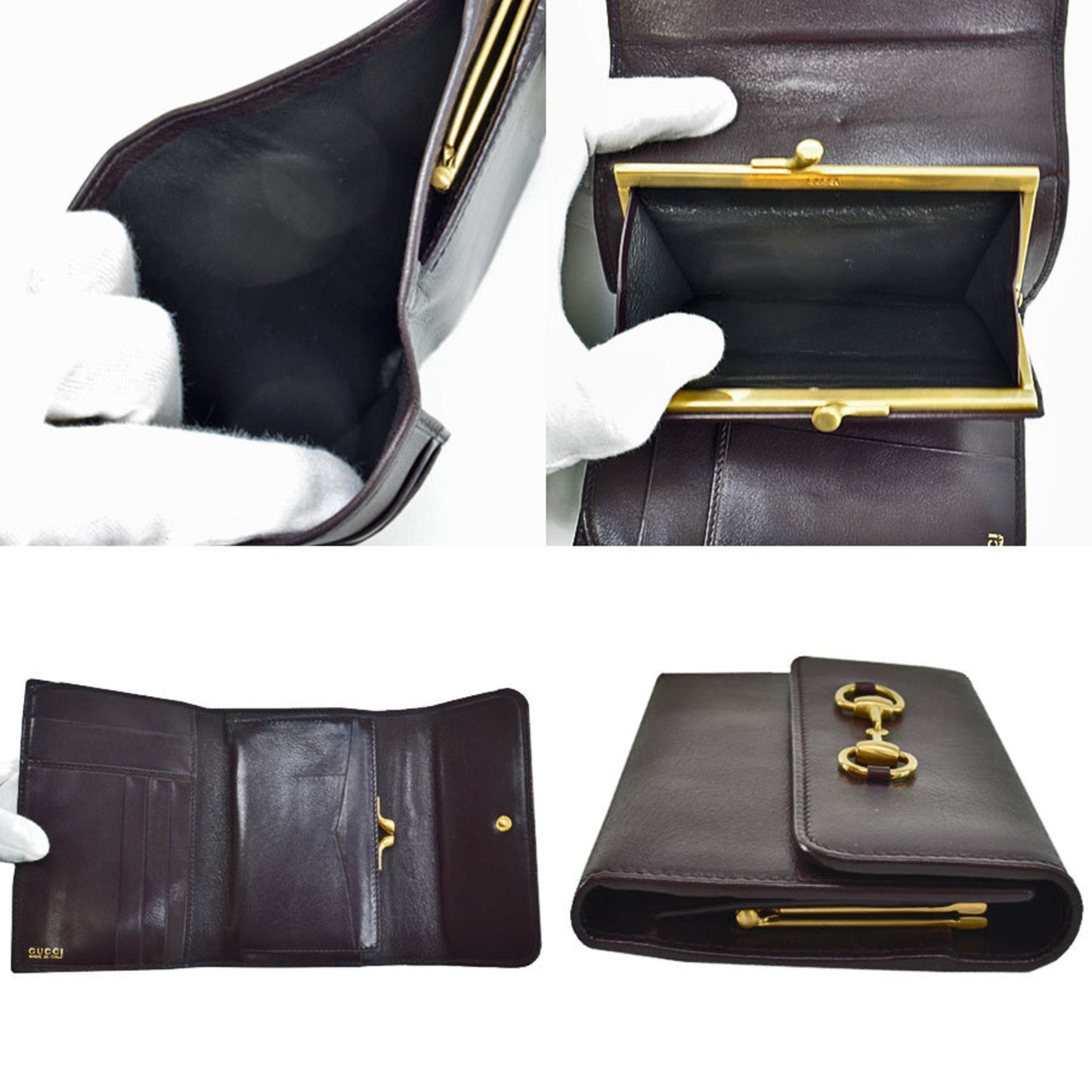 Gucci Wallet Horsebit Dark Brown Gold Leather Tri-Fold Ladies 035.2149.1835